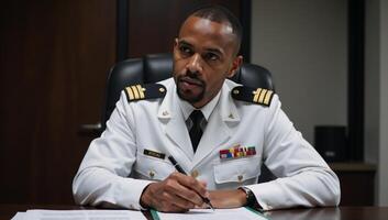 A smiling African American man in military attire is shown working at a table photo