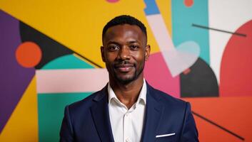 A colorful modern portrait showcasing a striking African American man adorned with intricate geometric patterns and shapes photo