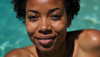 African American woman enjoying relaxation in water setting photo