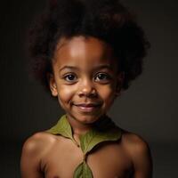 African American child adorned with tobacco leaves backlit with cinematic lighting and sporting an Afro hairstyle photo