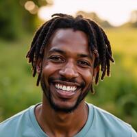Portrait of an African American man smiling outdoors casual style positive expression photo