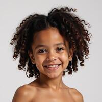 Adorable AfricanAmerican girl with curls and a splash on a clean white backdrop photo