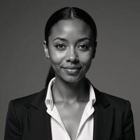 Black White portrait showcasing a beautiful African American womans flawless complexion photo