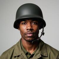 Portrait featuring an AfricanAmerican soldier wearing a helmet amidst military backdrop photo