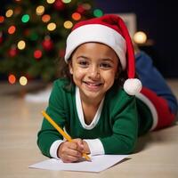 A joyful girl in Christmas hat lies on floor with pencilpaper smiles at camera amidst a blured vibrant lighting backdrop Colorful Light Setting photo