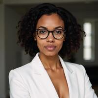 A confident AfricanAmerican woman in glasses wearing a white blazer stands and points within an indoor setting photo
