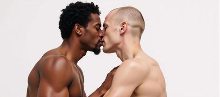 Illustrative art depicts two diverse men kissing in minimalist side profile photo