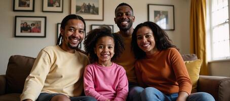An African American family poses together for a home photo