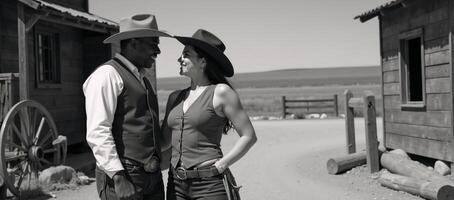 An AfricanAmerican cowboy and cowgirl engage in flirtatious banter while wearing traditional western attire complete with straw hats and vests photo
