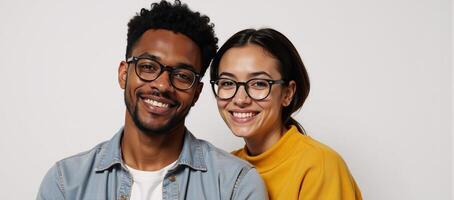 Young AfricanAmerican couple with glasses posed against plain white backdrop photo