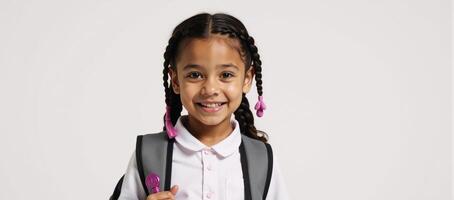 Adorable black child in backpack posed against white background for backtoschool theme photo