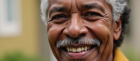 Closeup portrait of a happy African American senior retiree by technology photo