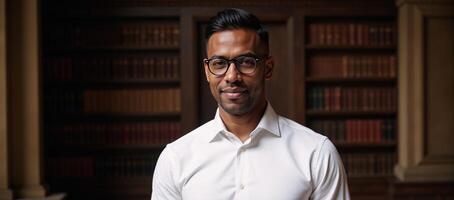 Attractive middleaged Black man in glasses and slick hair dressed smartly in a white shirt posing elegantly in an opulent old library photo