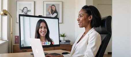 An African American woman participating in a virtual team meeting from her contemporary home office photo