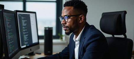 An African American male IT professional is portrayed while intensely focusing on coding tasks within his cybersecuritycentered workspace reflected in his glasses photo