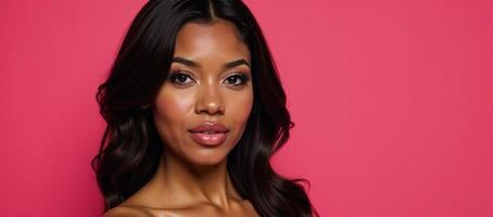 A photorealistic portrait featuring an elegant African American woman adorned with makeup on a vibrant pink backdrop photo