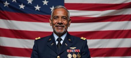 An elderly African American veteran honors Veterans Day before a majestic U photo