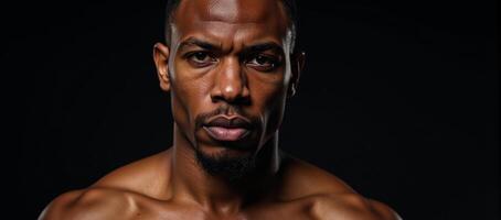 A muscular African American MMA fighter looks intensely into the camera with his head covered sweating against a dark backdrop photo