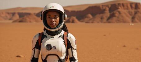 A young African American astronaut stands on Mars in a detailed spacesuit with a helmet and red desert landscape behind her exuding exploration vibes within a scifi setting photo