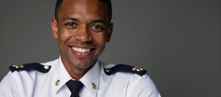 Portrait Cheerful African American cop with friendly smile closeup photo