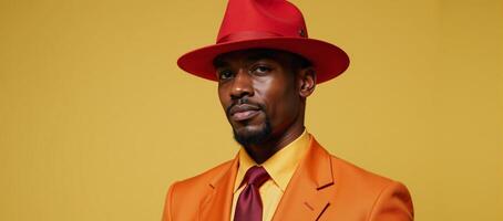 Stylish African American man in a red hat orange suit modernartistic retro portrait featuring geometric designs photo