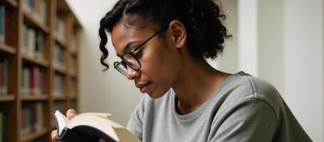 Closeup portrait of an engrossed young African American college student in a library with glasses reflecting book pages behind her photo