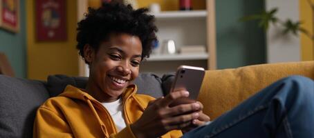 A Gen Z AfricanAmerican teenager relaxes at home smiling with phone in hand photo