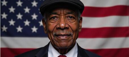 Portrait of an elderly AfricanAmerican man in a cap against an American Flag backdrop photo