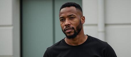 An African American model wears a black tee against an outdoor backdrop highlighted by white accents photo