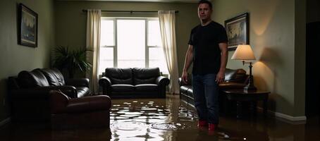 Man in waders stands amidst flooded living room with damaged furnishings dramatic lighting highlights resilience photo