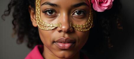 Closeup image of an African American woman donning a golden mask adorned with pink roses photo