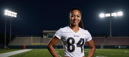 An athletic African American woman poses confidently in a football jersey within a dimly lit dramatic stadium setting embodying her dedication to sports photo