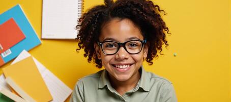 African American Schoolgirl wearing glasses smiles at camera amidst stacks of books on a sunny yellow backdrop captures themes of education and selfdevelopment generated by photo