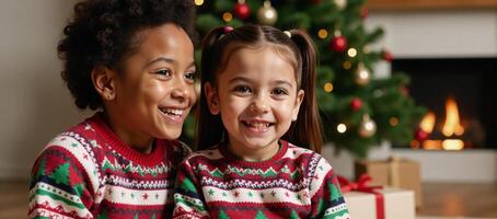 A mixedrace family poses happily in holiday Christmas sweaters against a blurred backdrop of a festive Christmas tree photo