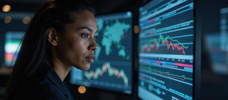 Black AfricanAmerican female IT specialist examines cybersecurity threats through ARAI tech depicted in an abstract collage with focus on her intense analysis side view photo