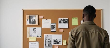 An AfricanAmerican man is depicted from behind as he stands before a cluttered corkboard filled with notes photo