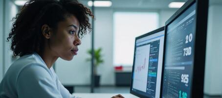 A digital image featuring an African American programmer contemplating data analytics with emphasis on holographic technology coding and cybersecurity photo