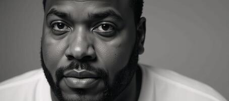 Blackandwhite portrait of a contemplative plussize African American male subject photo