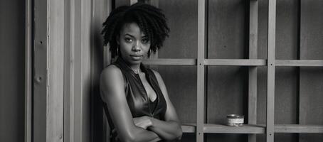 An African American woman is depicted while standing by a can rack photo