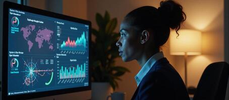 An AfricanAmerican woman specializes in analyzing intricate data visualizations for cyber security threats as an IT professional photo