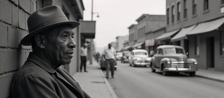 A vintage blackandwhite photograph showcases an introspective elderly African American man wearing a fedora leaning against the wall of a bustling urban street scene from the 1950s photo