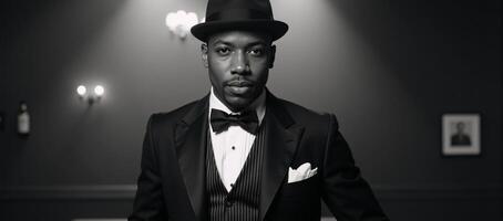 A sepiatoned portrait of a stylish 1920s African American man in dapper attire set against the backdrop of a smoky speakeasy with vintage charm photo