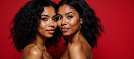 Two AfricanAmerican women both with flowing black waves posed closely on a red backdrop photo