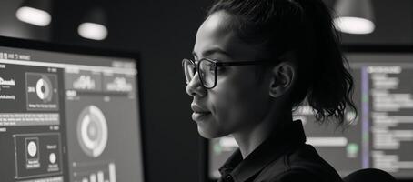 Black female IT specialist examining cyber threats ARAI elements sideprofile view with copy space for text overlay photo