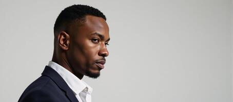 A serious African American man depicted in studio setting human side view portrait style photo