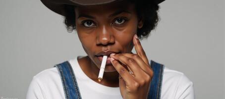 A closeup image of an African American cowgirl puffing on a cigarette photo