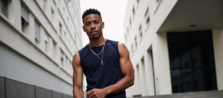 Urban minimalism features a young African American male in an urban setting photo