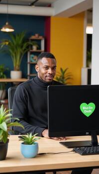 Stylish black male project manager on desktop PC working in a busy creative office against a greenscreen background photo