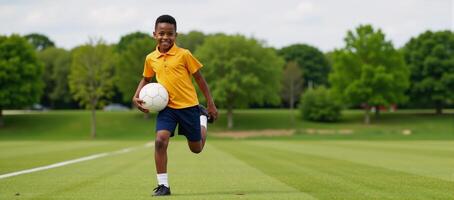 Digital illustration An African American boy poses confidently while holding a soccer ball photo