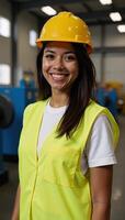 Portrait of a cheerful AfricanAmerican woman in factory attire hard hat safety vest at work photo